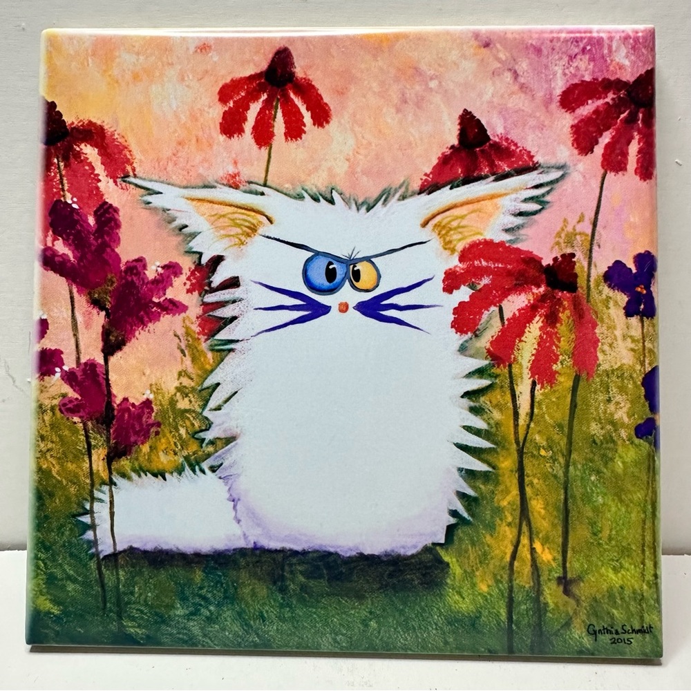 Cranky Cat with Flowers Tile The Cranky Cat Collection by Cynthia Schmidt